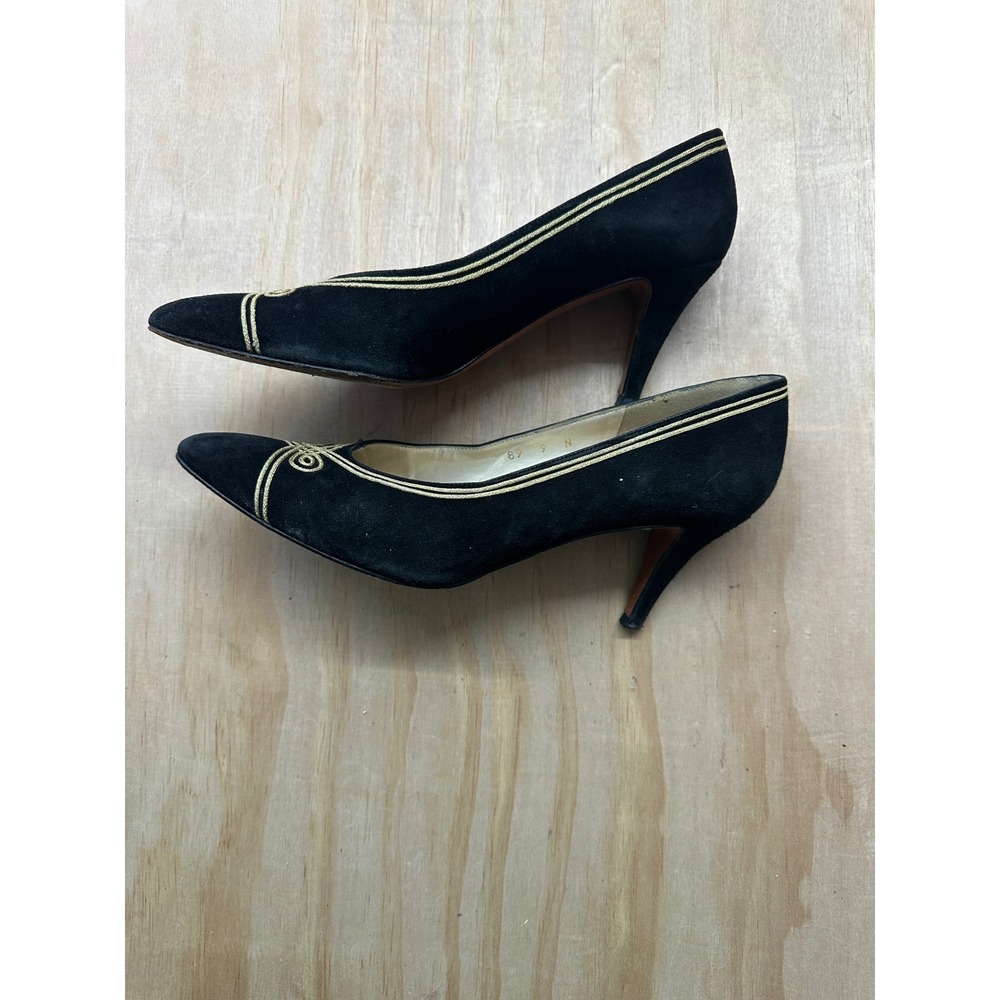 Evan-Picone Vintage Black Suede Gold Embroidered Pumps Heels Made in Spain 9N - Picture 6 of 7